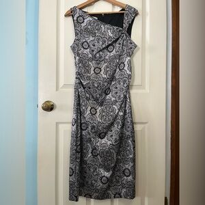 Maggy London Asymmetric Neckline Black and Silver floral Dress